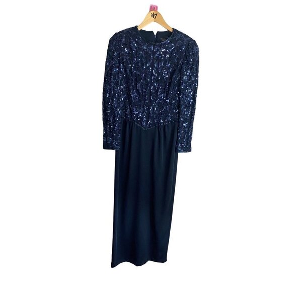 Vintage Ted Lapidus Paris Women's Blue Long Sleeve Sequin Dress - 10 - Picture 1 of 16
